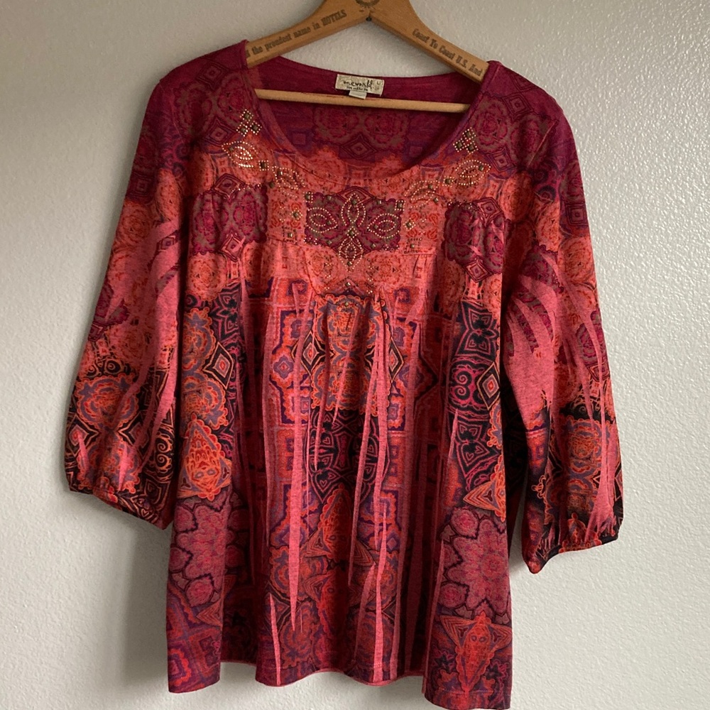 ONE WORLD Pink Orange Patterned Studded Sublimation Blouse Top sz L Star Ace